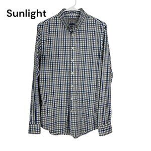 Express Mens Slim Fitted Plaid Button-Up Shirt S 14-14.5" Long Sleeve Blue/Gray
